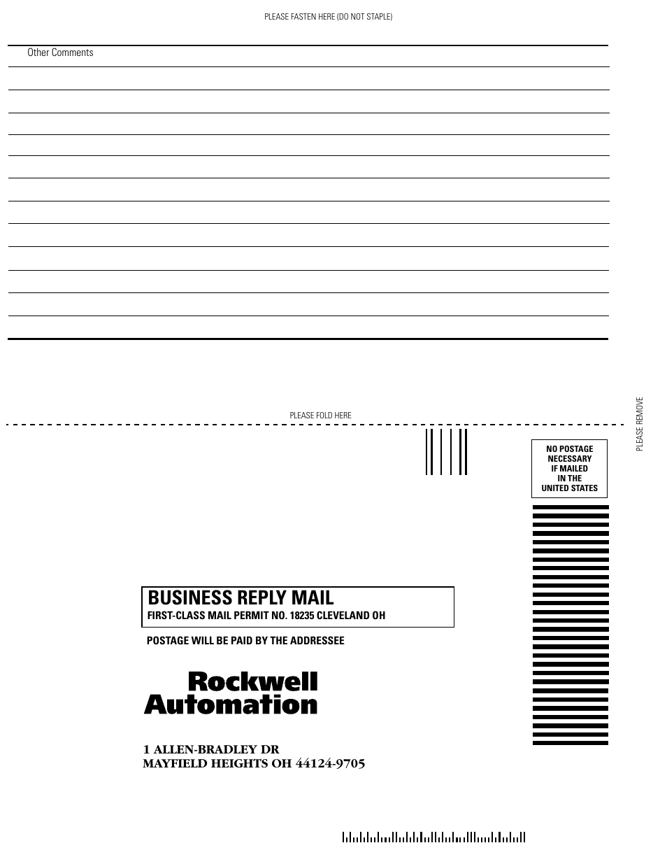 Business reply mail | Rockwell Automation 1769-SDN Compact I/O DeviceNet Scanner Module User Manual User Manual | Page 154 / 156