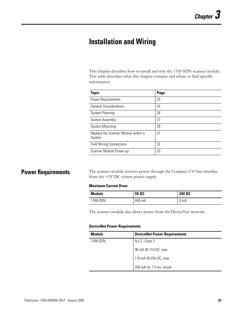 3 - installation and wiring, Power requirements, Chapter 3 | Installation and wiring, Chapter | Rockwell Automation 1769-SDN Compact I/O DeviceNet Scanner Module User Manual User Manual | Page 23 / 156