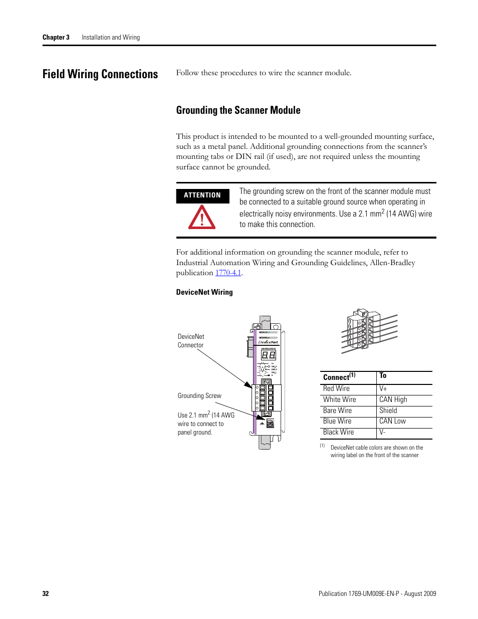 Field wiring connections, Grounding the scanner module | Rockwell Automation 1769-SDN Compact I/O DeviceNet Scanner Module User Manual User Manual | Page 32 / 156