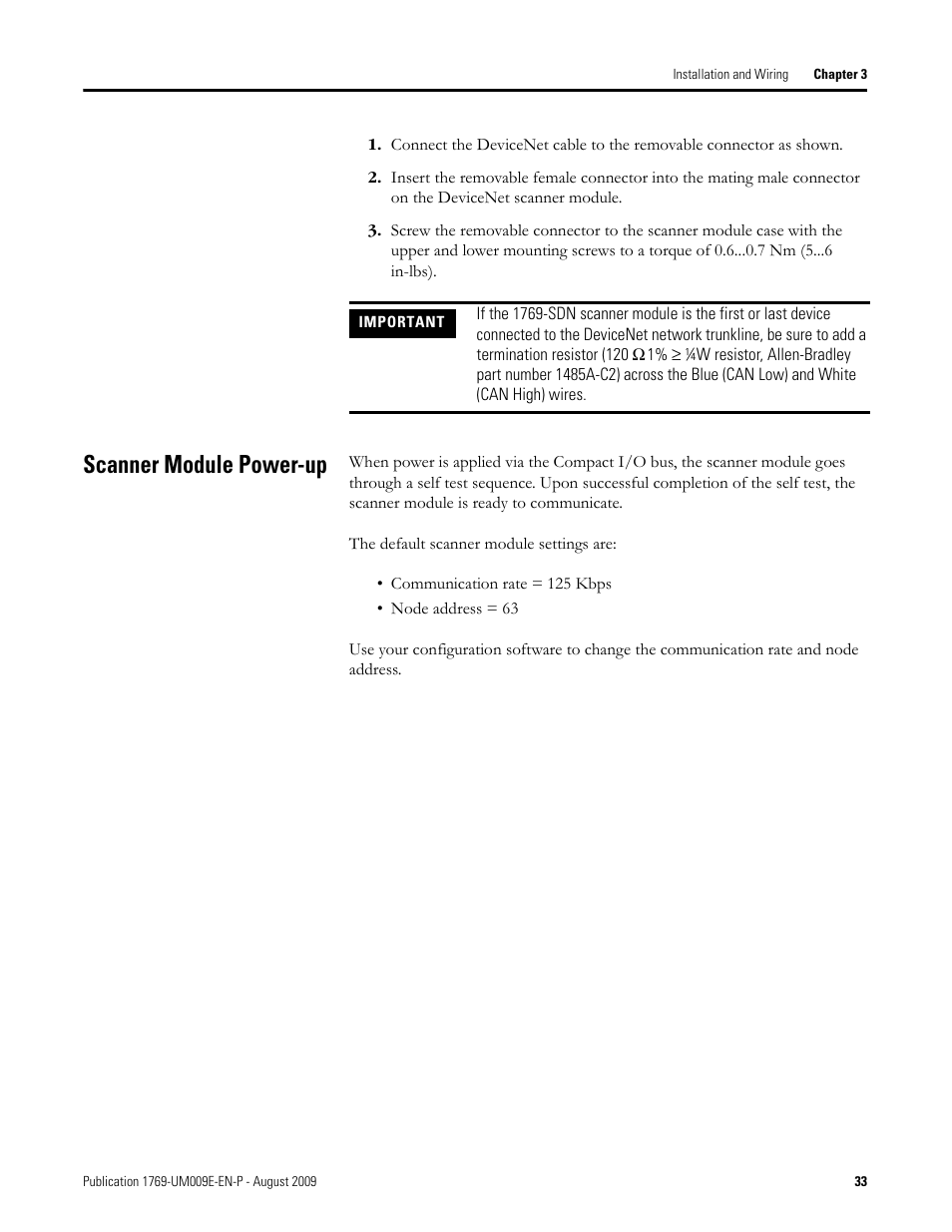 Scanner module power-up | Rockwell Automation 1769-SDN Compact I/O DeviceNet Scanner Module User Manual User Manual | Page 33 / 156