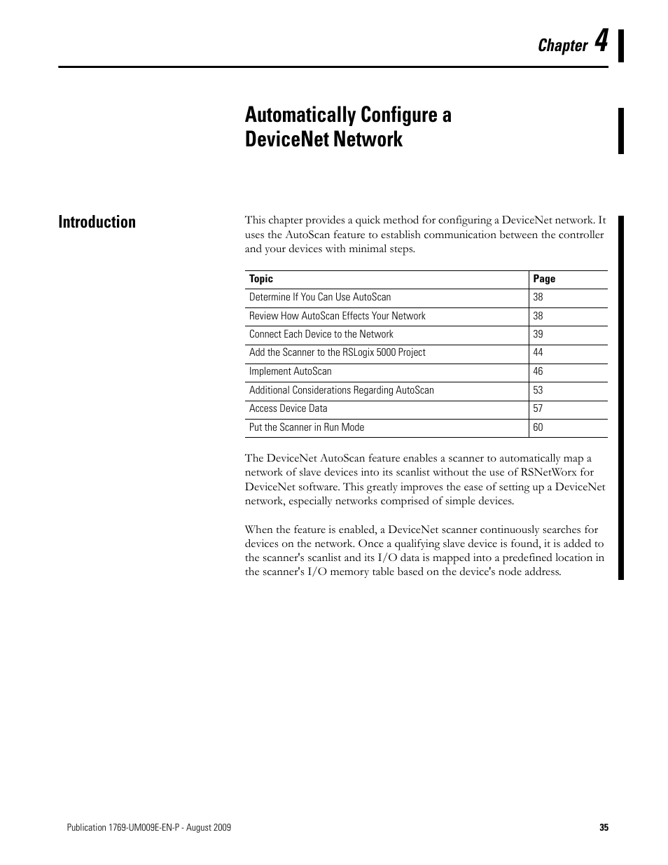 4 - automatically configure a devicenet network, Introduction, Chapter 4 | Automatically configure a devicenet network, Chapter | Rockwell Automation 1769-SDN Compact I/O DeviceNet Scanner Module User Manual User Manual | Page 35 / 156