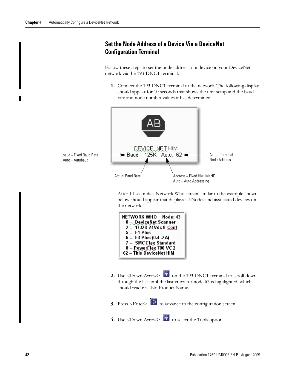 Set the node address of a device via a devicenet, Configuration terminal | Rockwell Automation 1769-SDN Compact I/O DeviceNet Scanner Module User Manual User Manual | Page 42 / 156