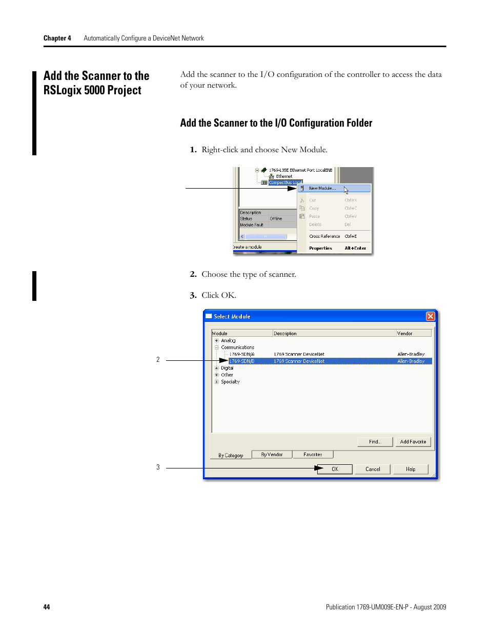 Add the scanner to the rslogix 5000 project, Add the scanner to the i/o configuration folder | Rockwell Automation 1769-SDN Compact I/O DeviceNet Scanner Module User Manual User Manual | Page 44 / 156