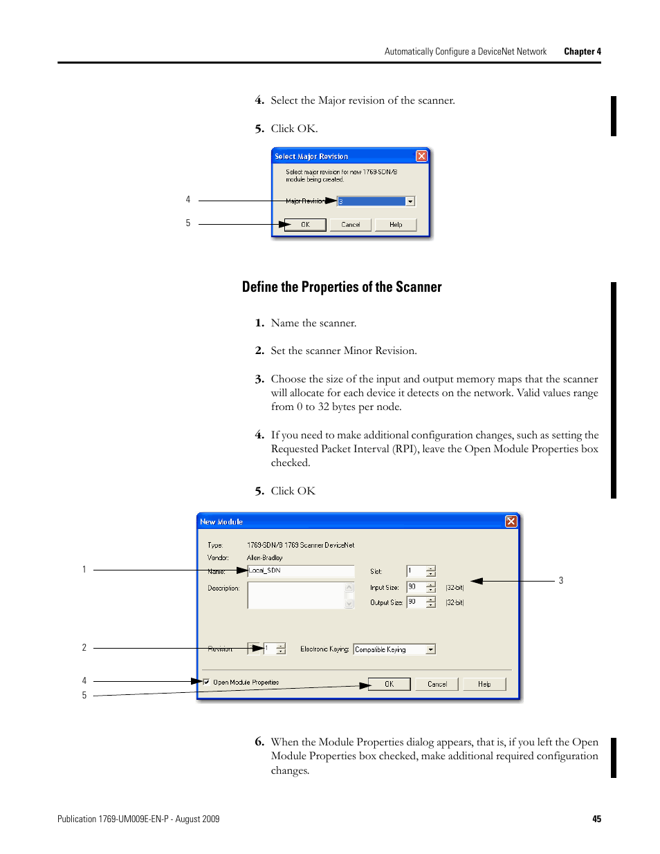 Define the properties of the scanner | Rockwell Automation 1769-SDN Compact I/O DeviceNet Scanner Module User Manual User Manual | Page 45 / 156