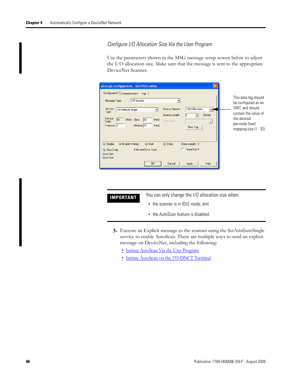 Application, skip to, Step 3, Ribed in section | Configure i/o, Allocation size via the user program | Rockwell Automation 1769-SDN Compact I/O DeviceNet Scanner Module User Manual User Manual | Page 48 / 156