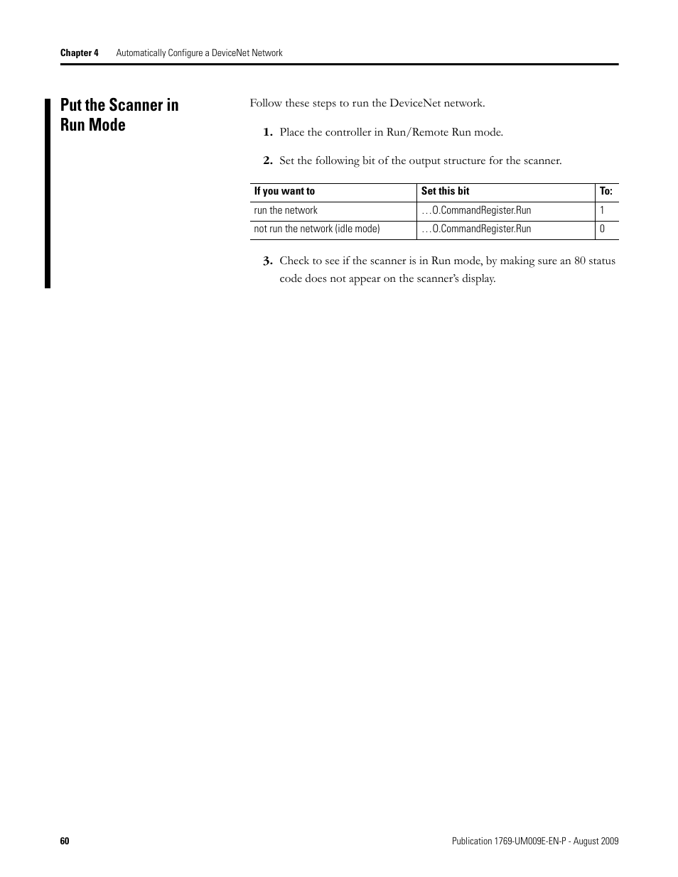 Put the scanner in run mode | Rockwell Automation 1769-SDN Compact I/O DeviceNet Scanner Module User Manual User Manual | Page 60 / 156