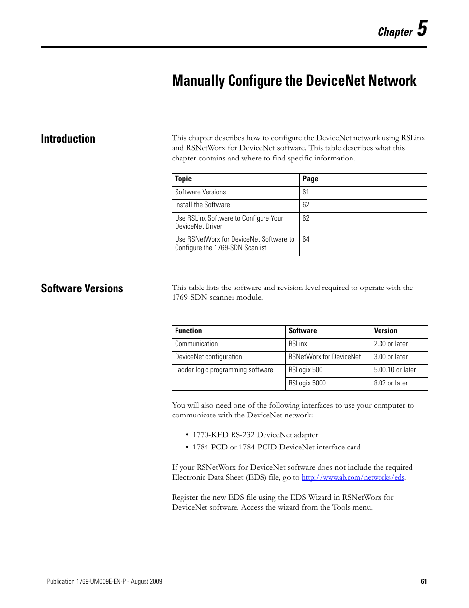 5 - manually configure the devicenet network, Introduction, Software versions | Chapter 5, Manually configure the devicenet network, Introduction software versions, Chapter | Rockwell Automation 1769-SDN Compact I/O DeviceNet Scanner Module User Manual User Manual | Page 61 / 156