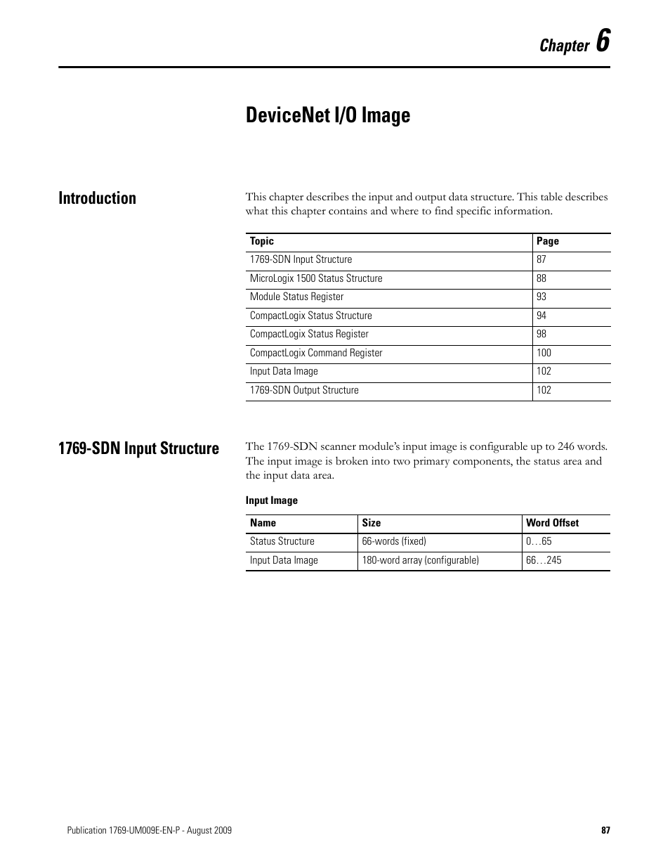 6 - devicenet i/o image, Introduction, 1769-sdn input structure | Chapter 6, Devicenet i/o image, Introduction 1769-sdn input structure, Chapter | Rockwell Automation 1769-SDN Compact I/O DeviceNet Scanner Module User Manual User Manual | Page 87 / 156