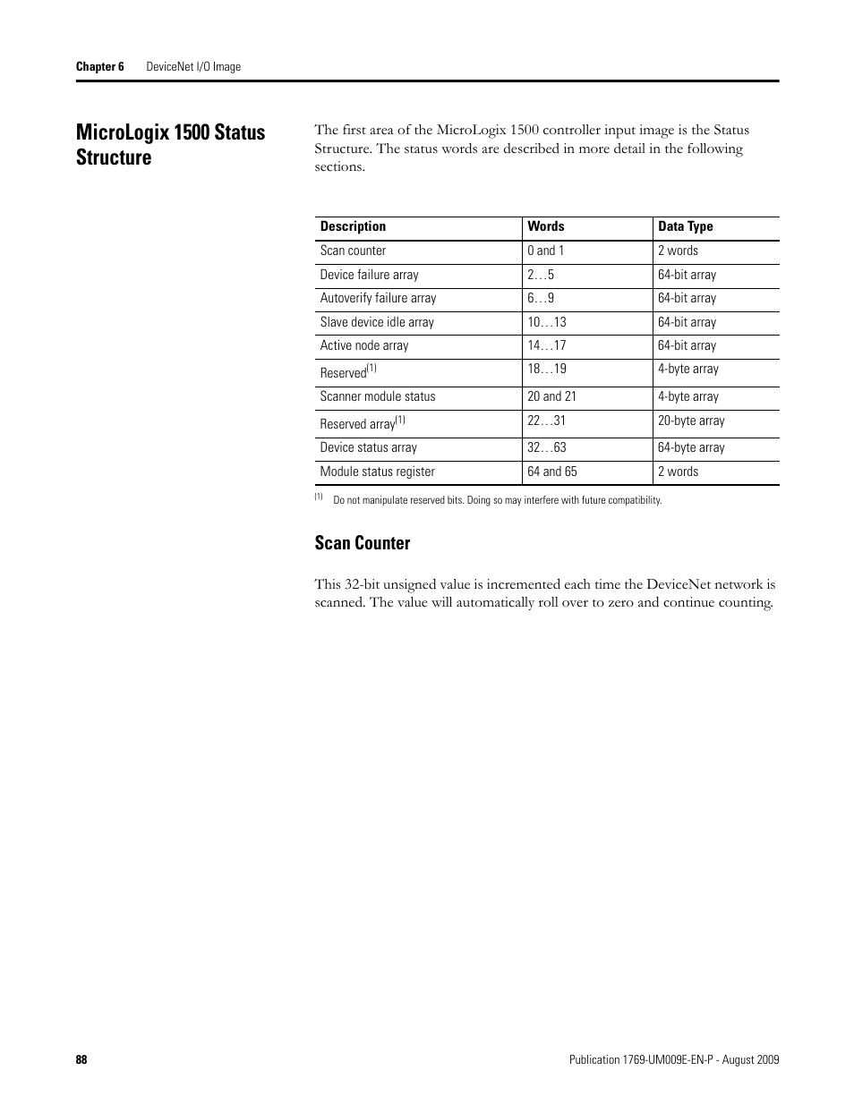 Micrologix 1500 status structure, Scan counter | Rockwell Automation 1769-SDN Compact I/O DeviceNet Scanner Module User Manual User Manual | Page 88 / 156