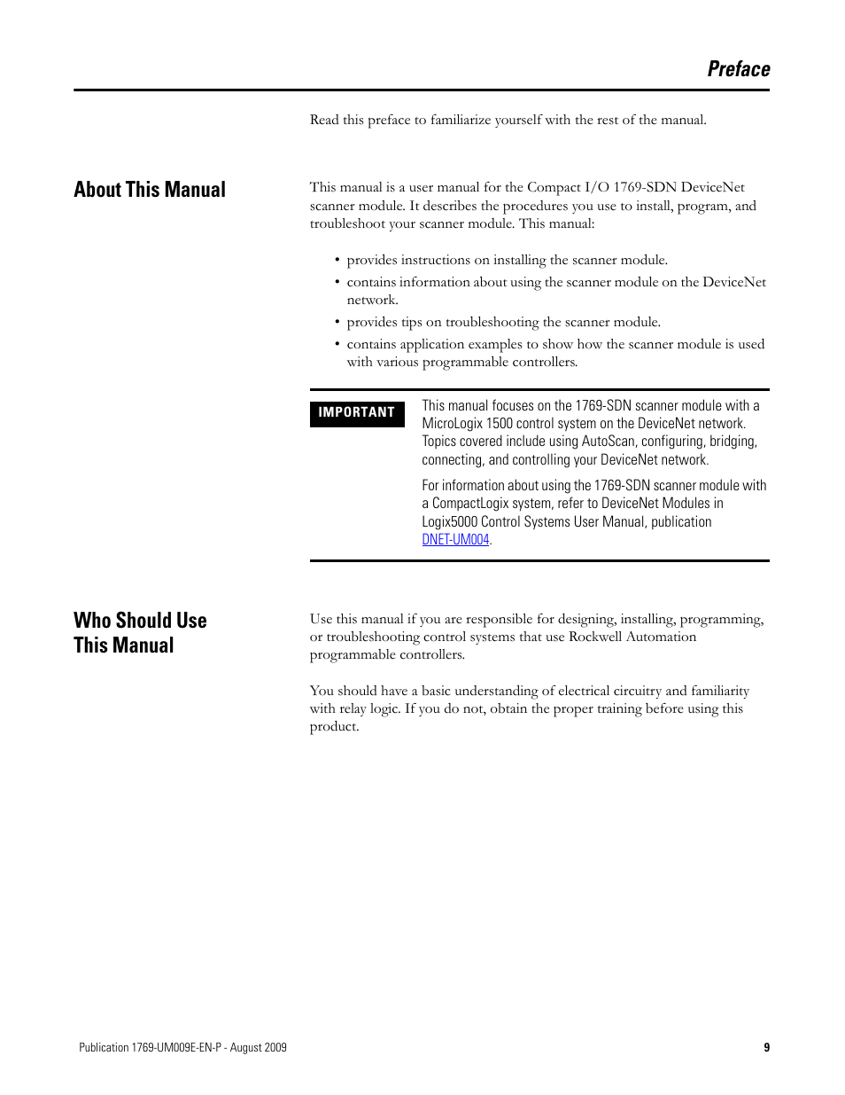 Preface, About this manual, Who should use this manual | About this manual who should use this manual | Rockwell Automation 1769-SDN Compact I/O DeviceNet Scanner Module User Manual User Manual | Page 9 / 156