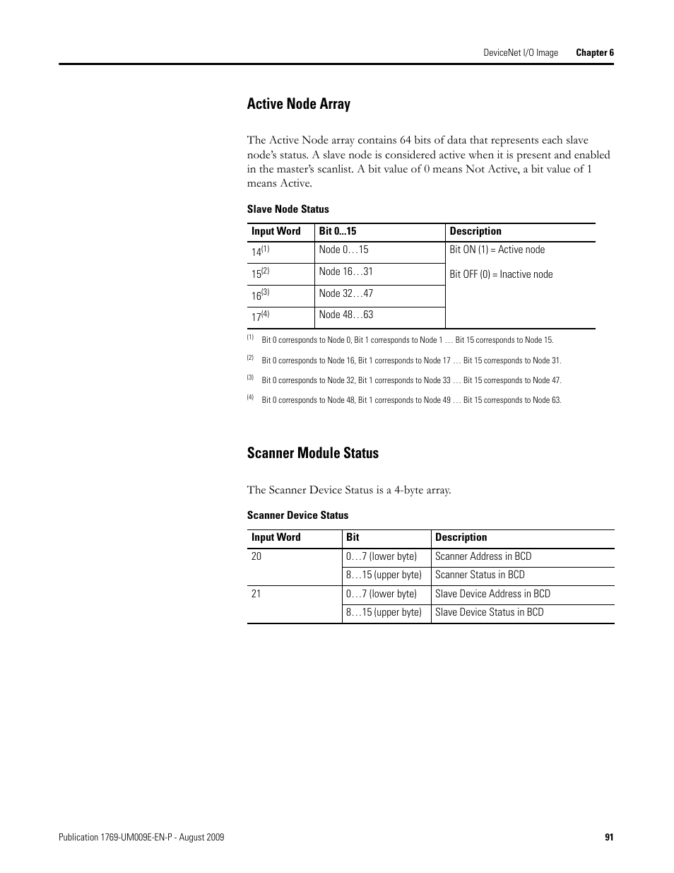 Active node array scanner module status, Active node array, Scanner module status | Rockwell Automation 1769-SDN Compact I/O DeviceNet Scanner Module User Manual User Manual | Page 91 / 156