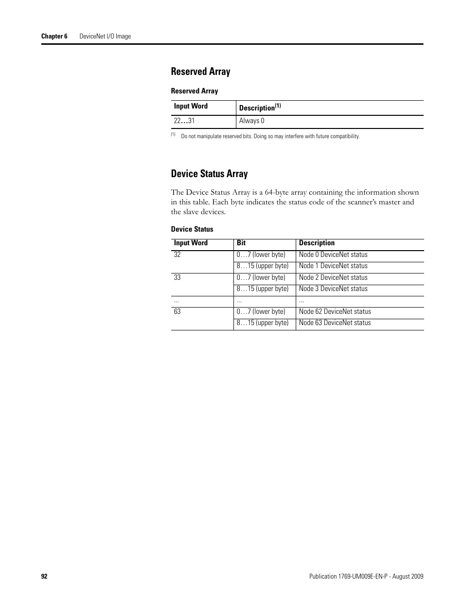 Reserved array device status array | Rockwell Automation 1769-SDN Compact I/O DeviceNet Scanner Module User Manual User Manual | Page 92 / 156
