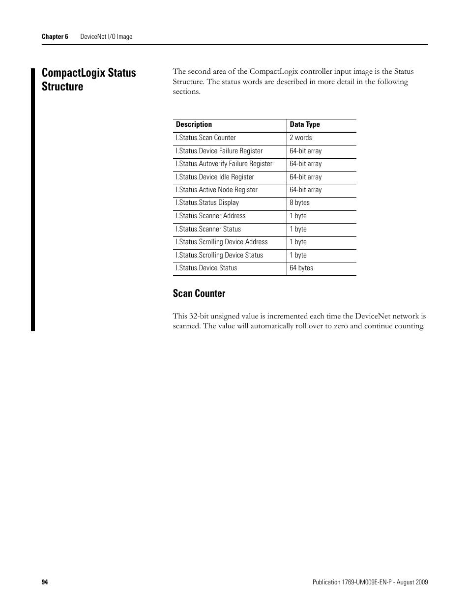 Compactlogix status structure, Scan counter | Rockwell Automation 1769-SDN Compact I/O DeviceNet Scanner Module User Manual User Manual | Page 94 / 156