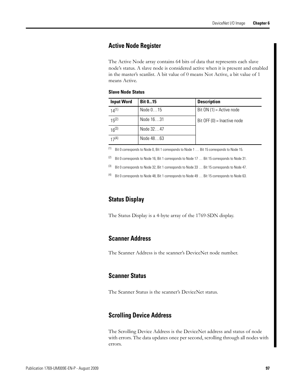 Active node register, Status display, Scanner address | Scanner status, Scrolling device address | Rockwell Automation 1769-SDN Compact I/O DeviceNet Scanner Module User Manual User Manual | Page 97 / 156