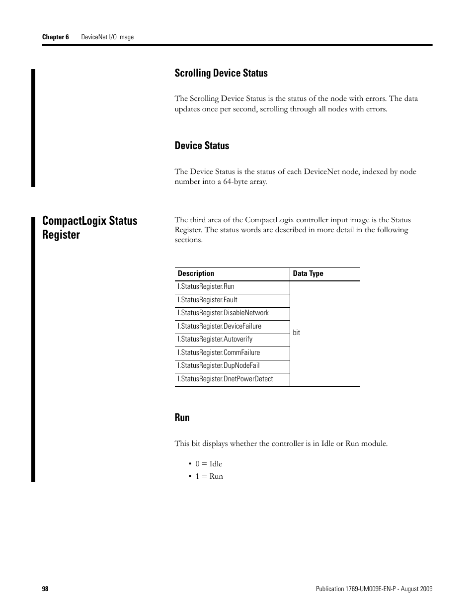 Compactlogix status register, Scrolling device status device status, Scrolling device status | Device status | Rockwell Automation 1769-SDN Compact I/O DeviceNet Scanner Module User Manual User Manual | Page 98 / 156
