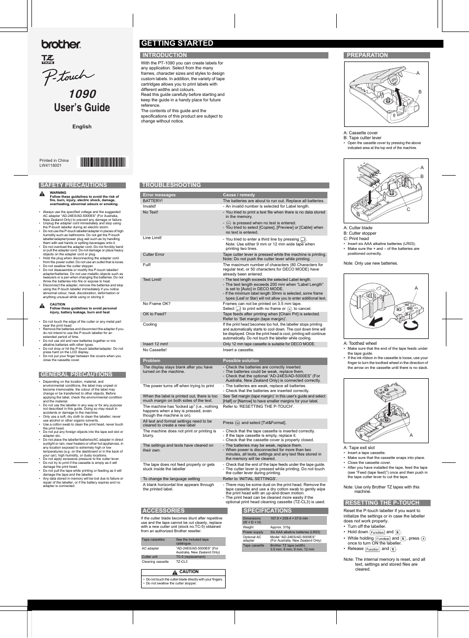 Brother P-TOUCH PT-1090 User Manual | 2 pages