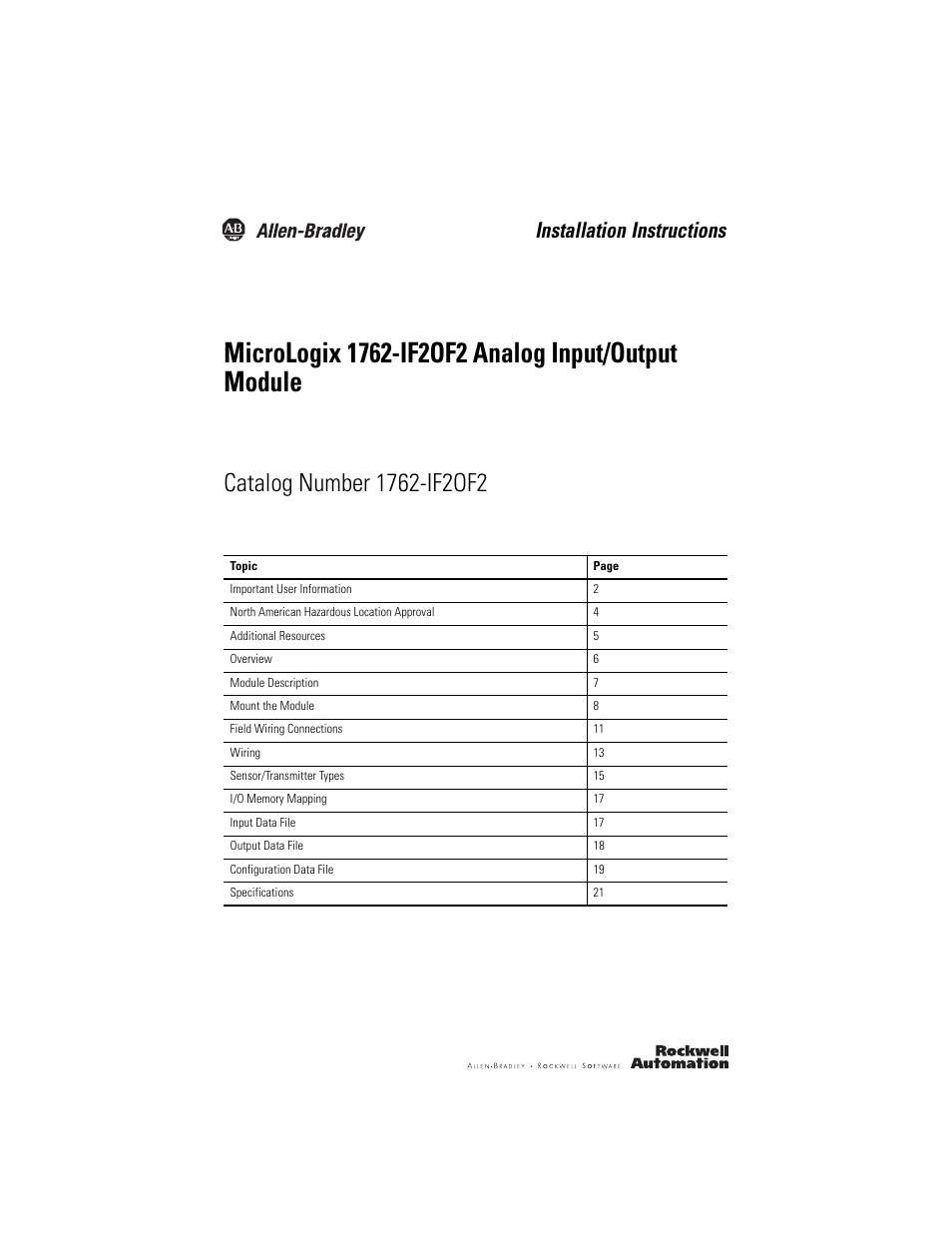 Rockwell Automation 1762-IF2OF2 MicroLogix Analog Input/Output Module User Manual | 28 pages