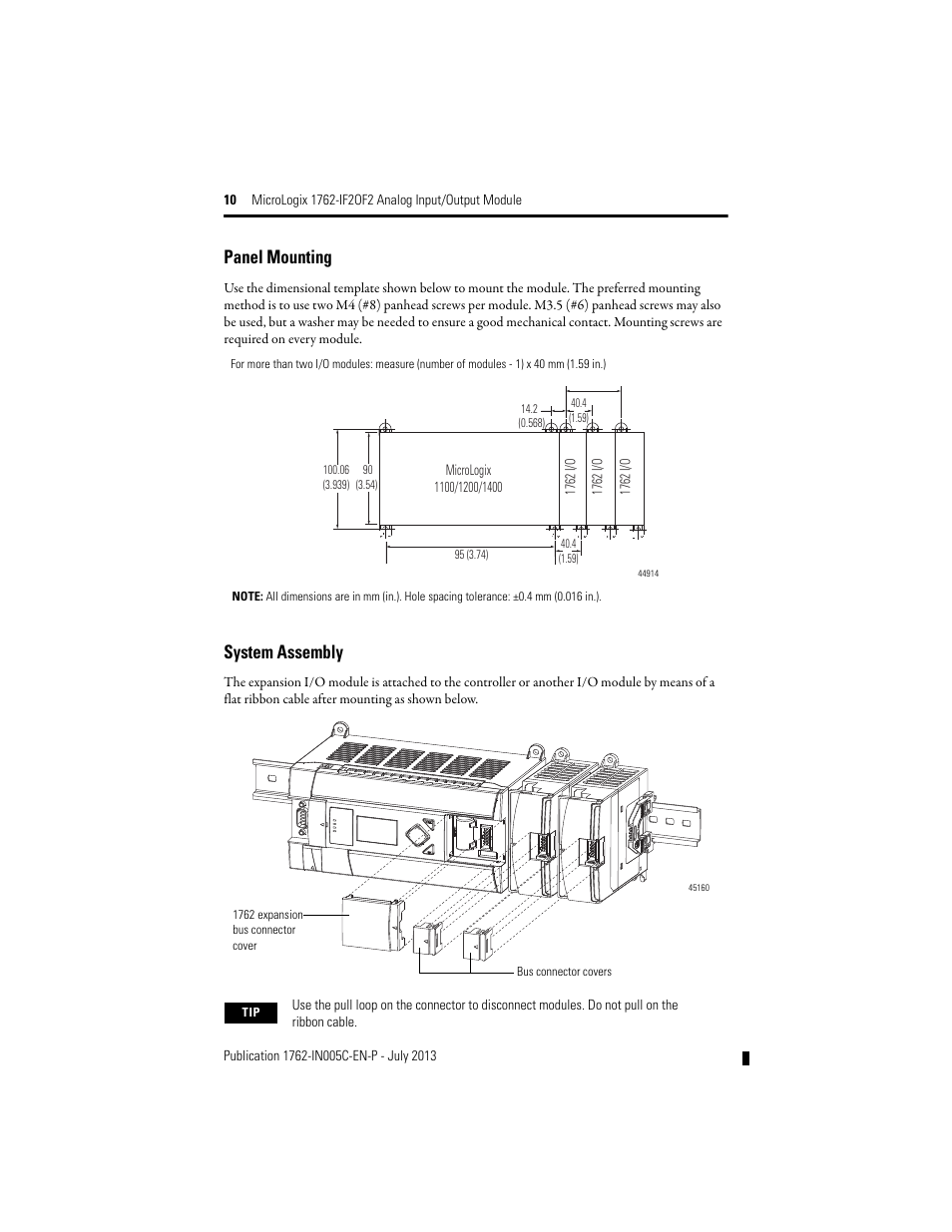 Panel mounting, System assembly | Rockwell Automation 1762-IF2OF2 MicroLogix Analog Input/Output Module User Manual | Page 10 / 28
