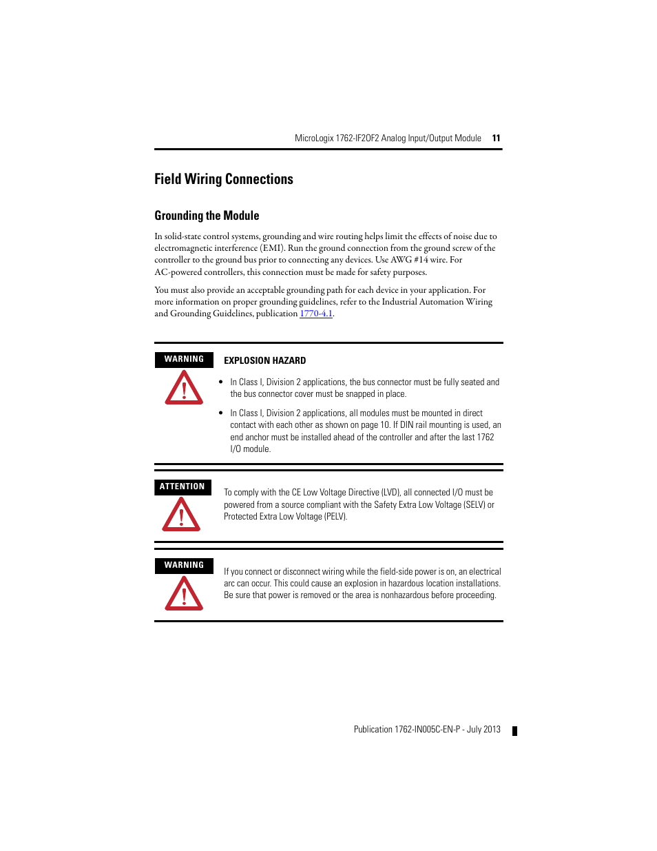 Grounding the module, Field wiring connections | Rockwell Automation 1762-IF2OF2 MicroLogix Analog Input/Output Module User Manual | Page 11 / 28