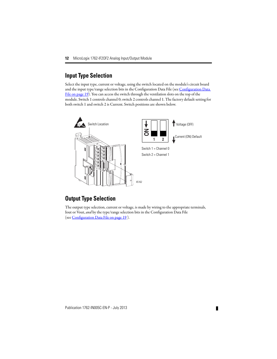 Input type selection, Output type selection | Rockwell Automation 1762-IF2OF2 MicroLogix Analog Input/Output Module User Manual | Page 12 / 28