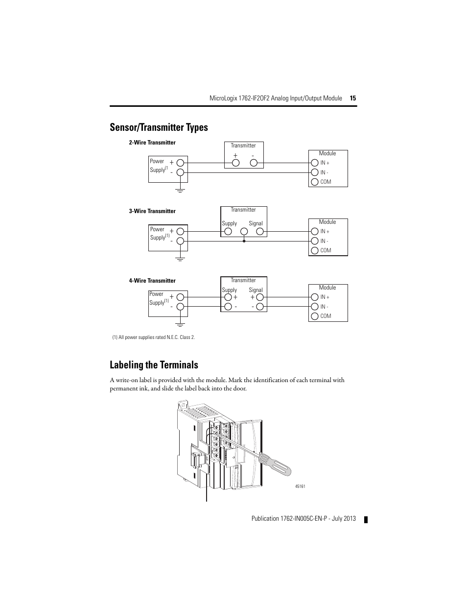 Sensor/transmitter types, Sensor/transmitter types labeling the terminals | Rockwell Automation 1762-IF2OF2 MicroLogix Analog Input/Output Module User Manual | Page 15 / 28