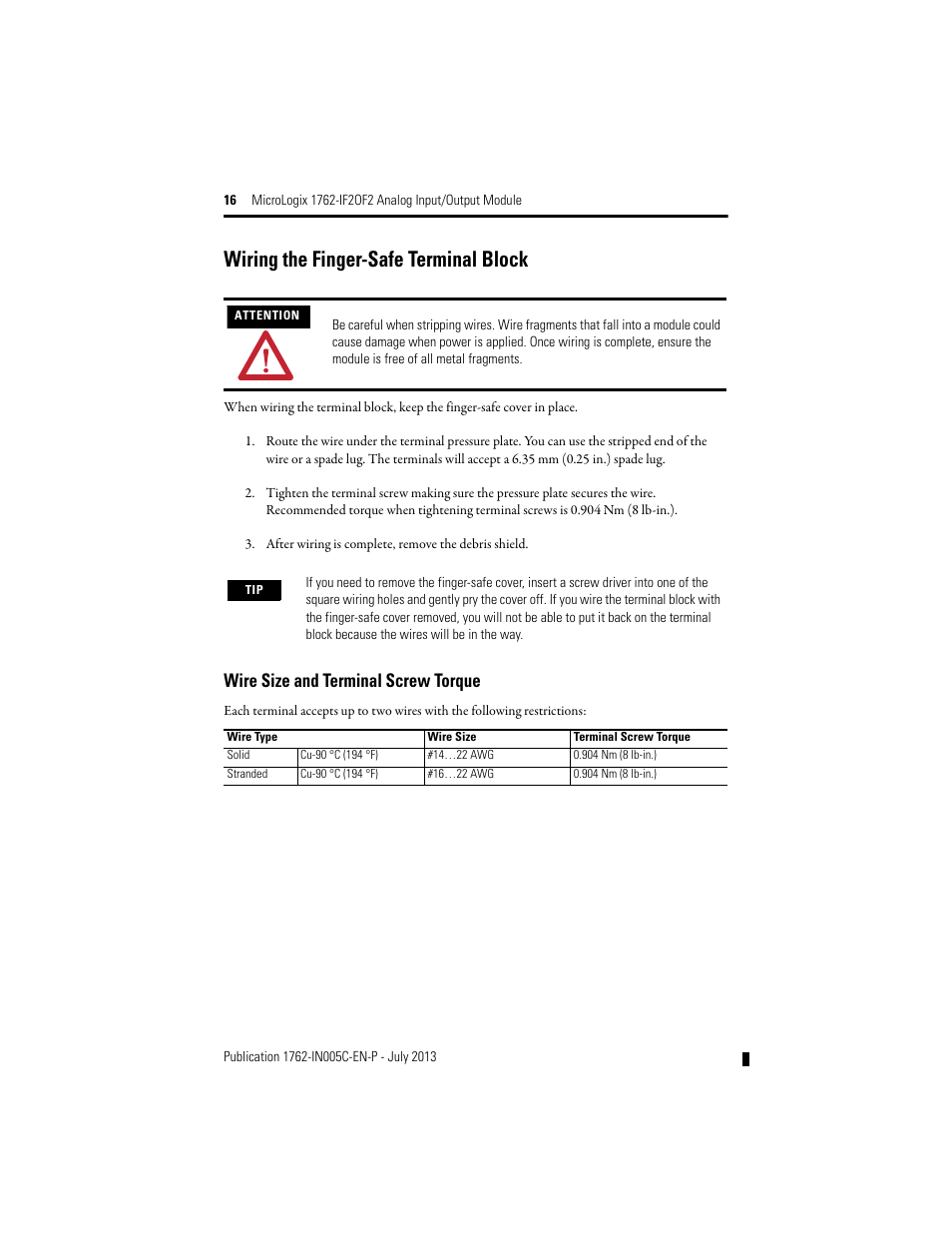 Wire size and terminal screw torque, Wiring the finger-safe terminal block | Rockwell Automation 1762-IF2OF2 MicroLogix Analog Input/Output Module User Manual | Page 16 / 28