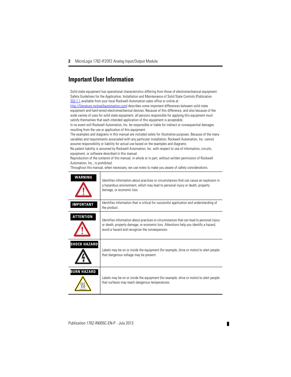 Important user information | Rockwell Automation 1762-IF2OF2 MicroLogix Analog Input/Output Module User Manual | Page 2 / 28