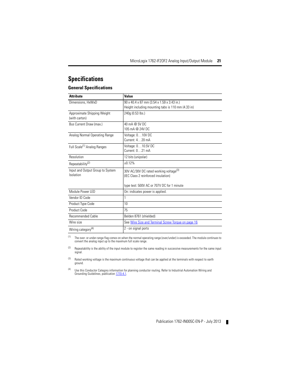 Specifications | Rockwell Automation 1762-IF2OF2 MicroLogix Analog Input/Output Module User Manual | Page 21 / 28