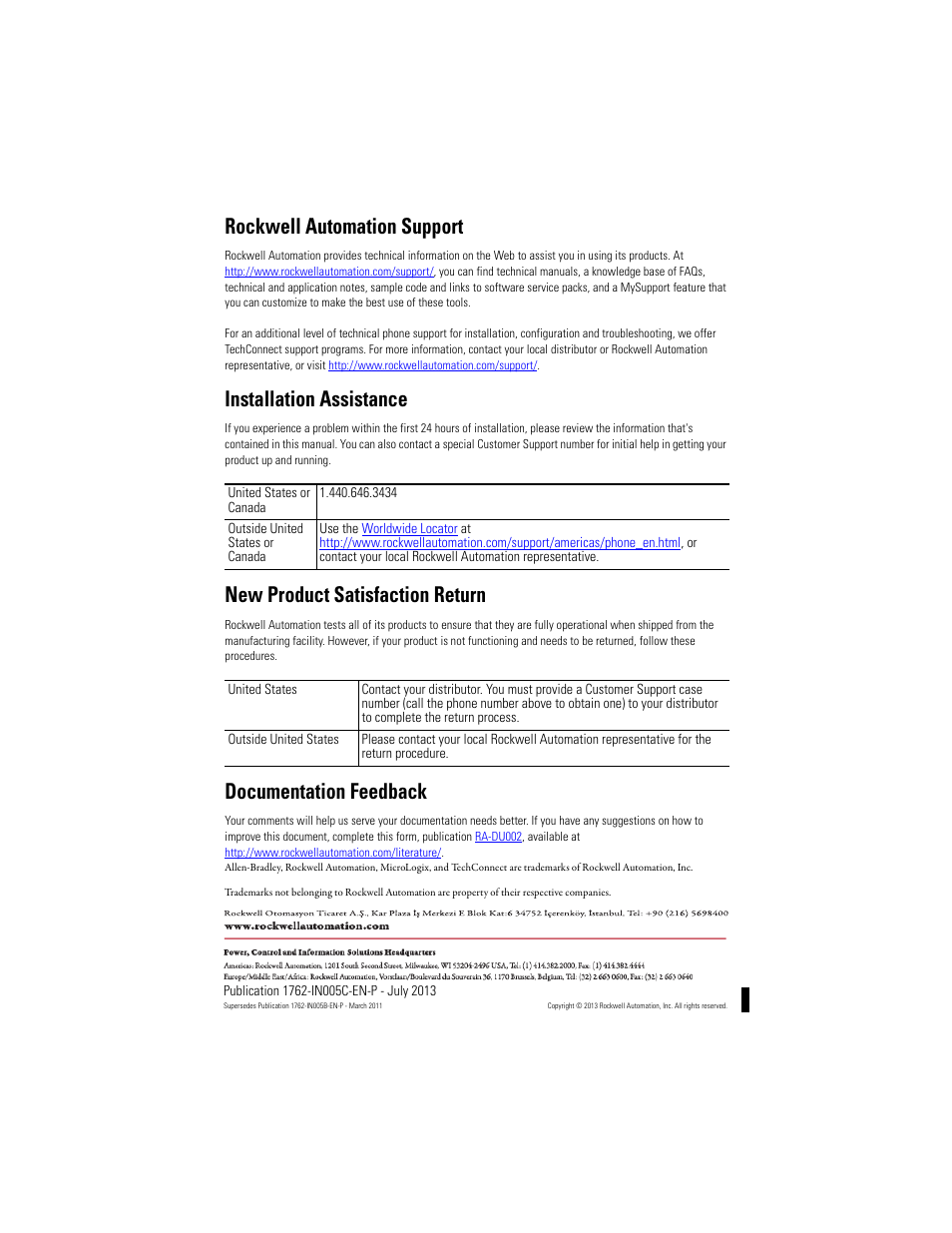 Back cover, Rockwell automation support, Installation assistance | New product satisfaction return, Documentation feedback | Rockwell Automation 1762-IF2OF2 MicroLogix Analog Input/Output Module User Manual | Page 28 / 28