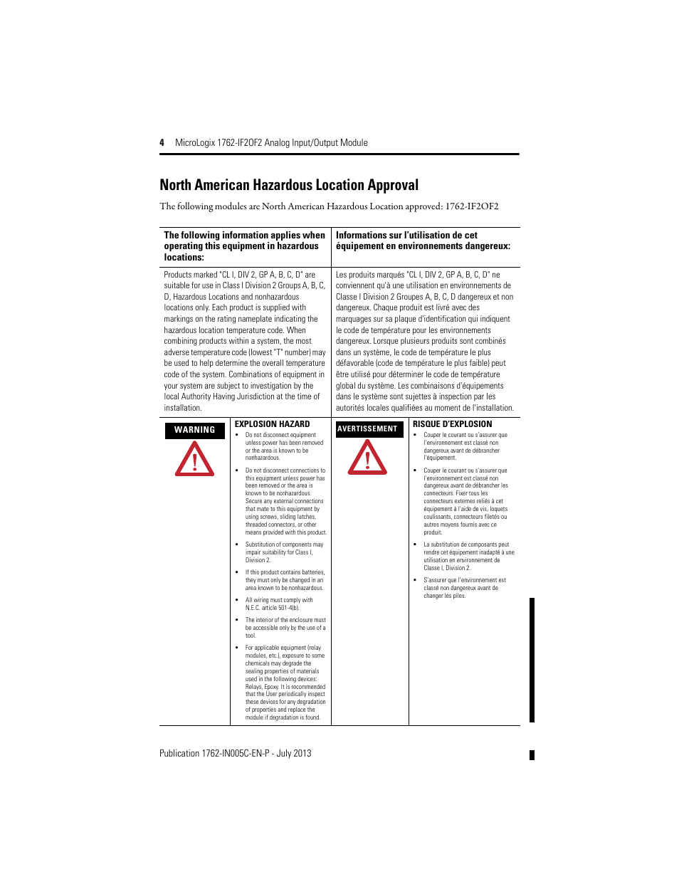 North american hazardous location approval | Rockwell Automation 1762-IF2OF2 MicroLogix Analog Input/Output Module User Manual | Page 4 / 28