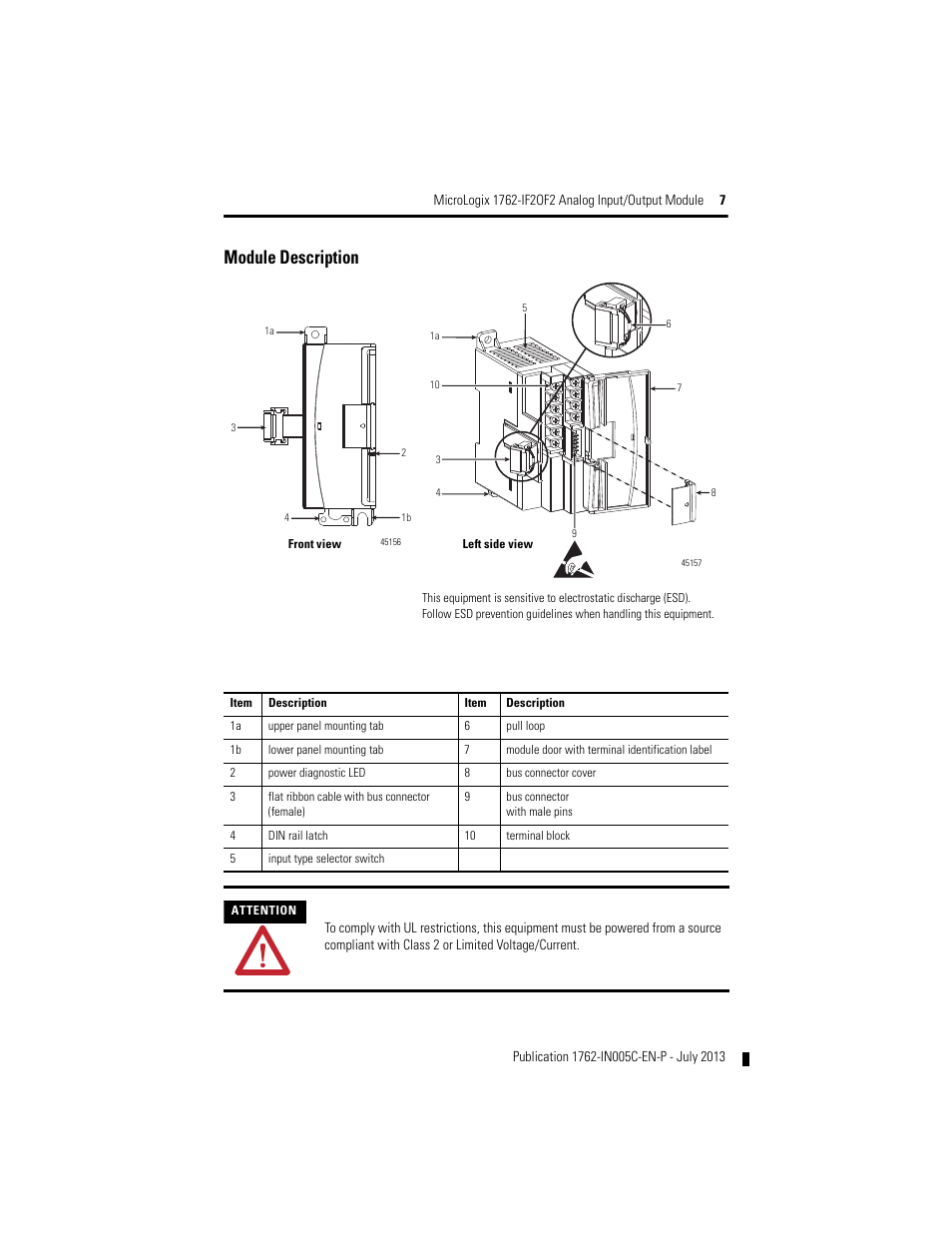 Module description | Rockwell Automation 1762-IF2OF2 MicroLogix Analog Input/Output Module User Manual | Page 7 / 28