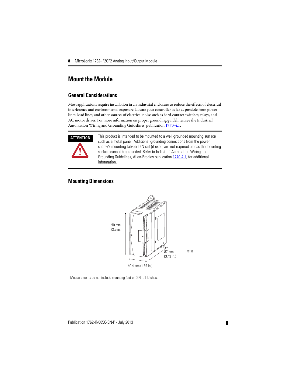 Mount the module, General considerations, Mounting dimensions | Rockwell Automation 1762-IF2OF2 MicroLogix Analog Input/Output Module User Manual | Page 8 / 28
