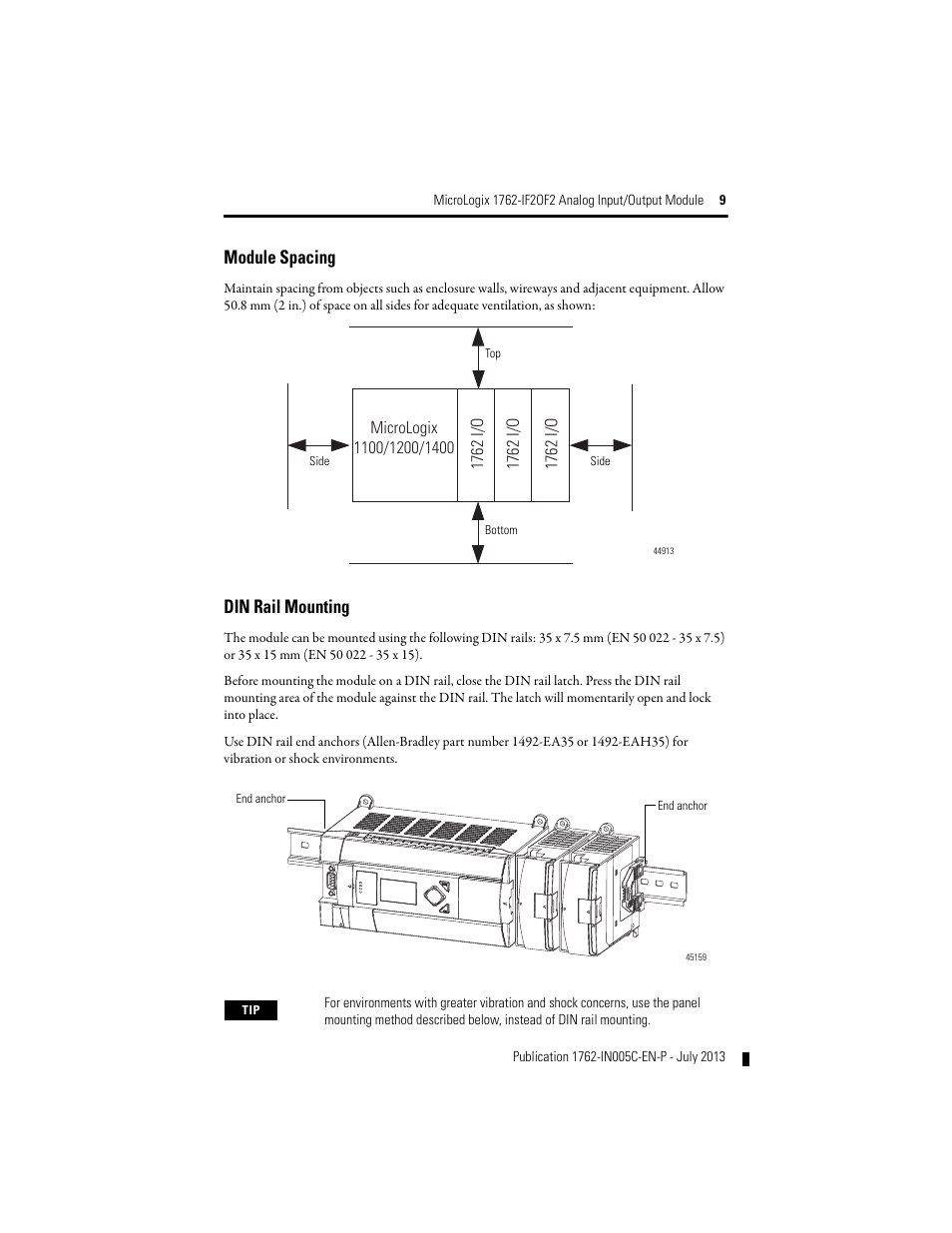 Module spacing, Din rail mounting | Rockwell Automation 1762-IF2OF2 MicroLogix Analog Input/Output Module User Manual | Page 9 / 28