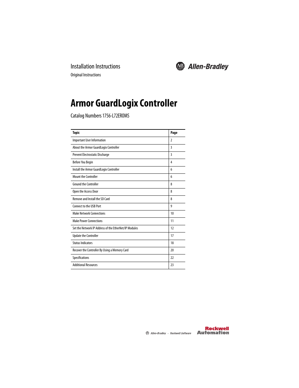 Rockwell Automation 1756-L72EROMS Armor GuardLogix Controller User Manual | 24 pages