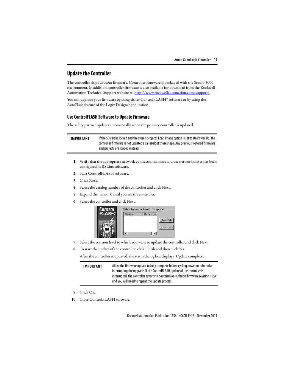 Update the controller, Use controlflash software to update firmware | Rockwell Automation 1756-L72EROMS Armor GuardLogix Controller User Manual | Page 17 / 24