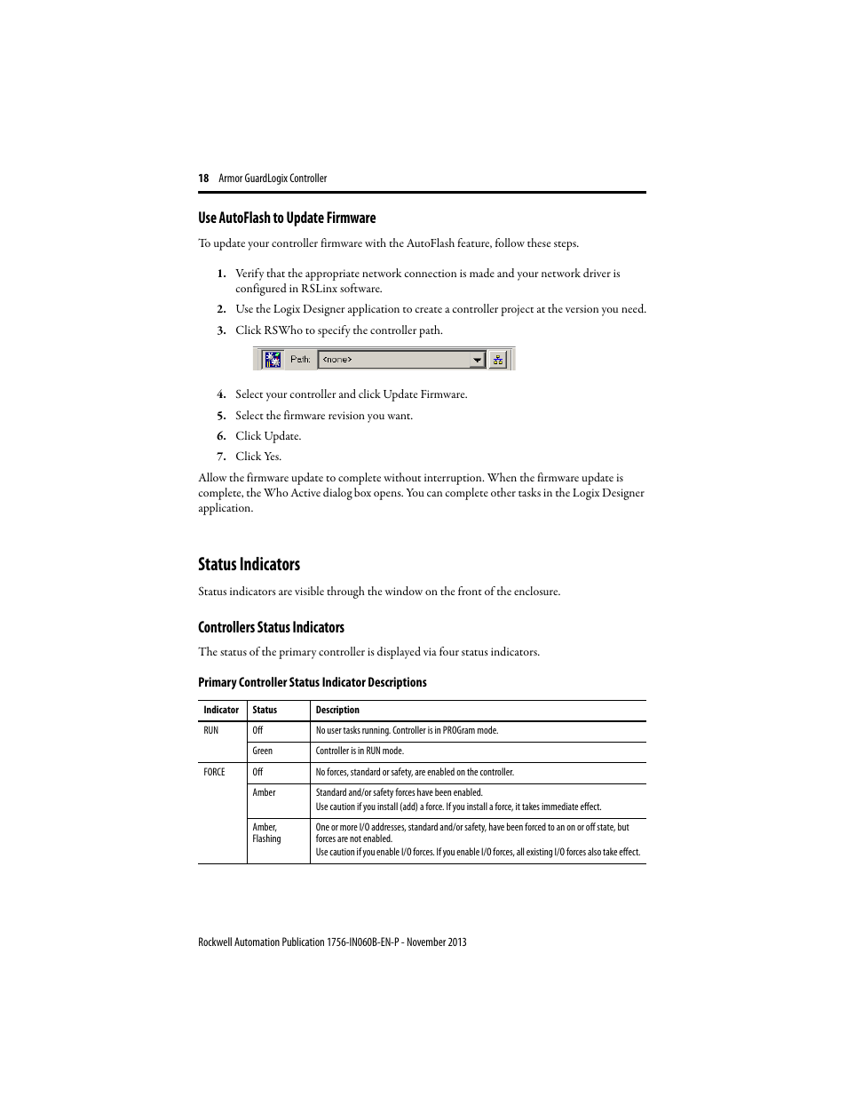 Use autoflash to update firmware, Status indicators, Controllers status indicators | Rockwell Automation 1756-L72EROMS Armor GuardLogix Controller User Manual | Page 18 / 24
