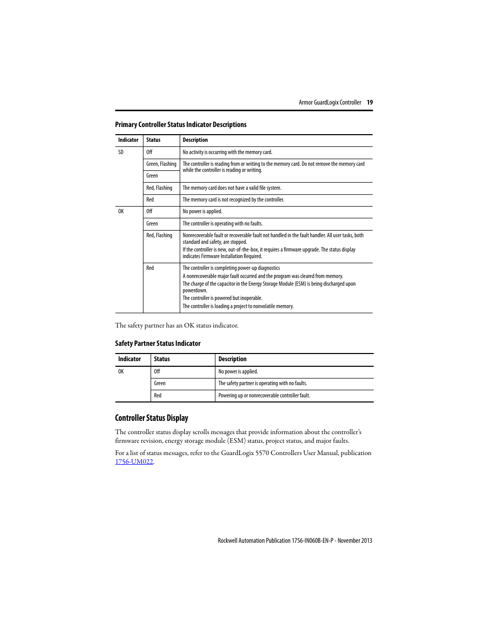 Controller status display | Rockwell Automation 1756-L72EROMS Armor GuardLogix Controller User Manual | Page 19 / 24