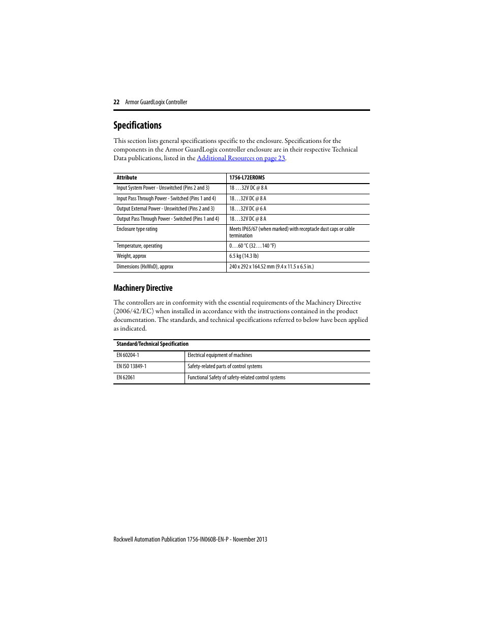 Specifications, Machinery directive | Rockwell Automation 1756-L72EROMS Armor GuardLogix Controller User Manual | Page 22 / 24