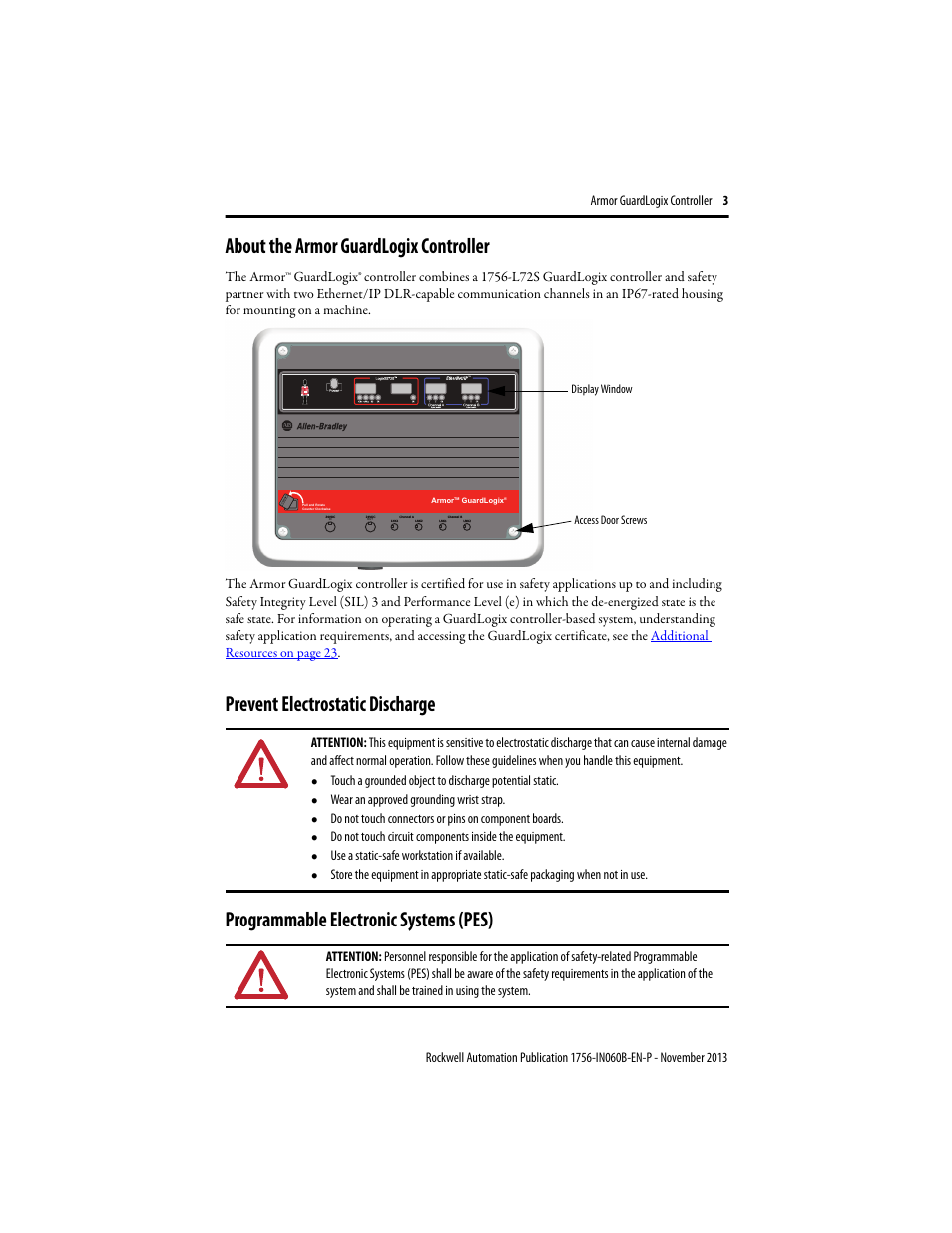 About the armor guardlogix controller, Prevent electrostatic discharge, Programmable electronic systems (pes) | Rockwell Automation 1756-L72EROMS Armor GuardLogix Controller User Manual | Page 3 / 24