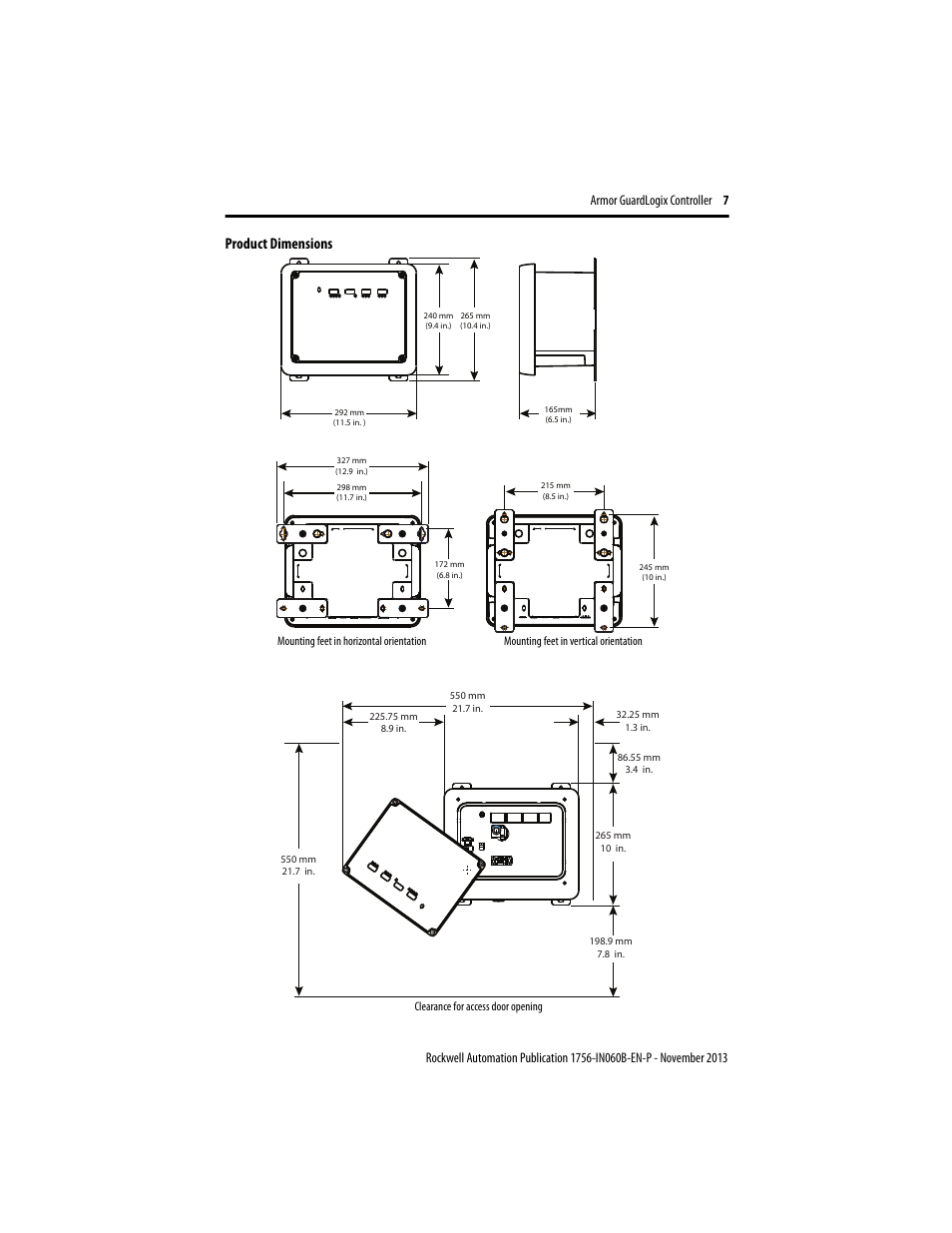 Product dimensions | Rockwell Automation 1756-L72EROMS Armor GuardLogix Controller User Manual | Page 7 / 24