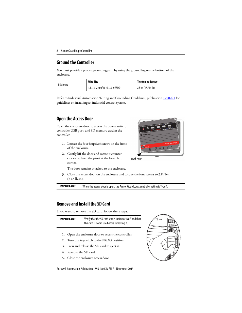 Ground the controller, Open the access door, Remove and install the sd card | Rockwell Automation 1756-L72EROMS Armor GuardLogix Controller User Manual | Page 8 / 24