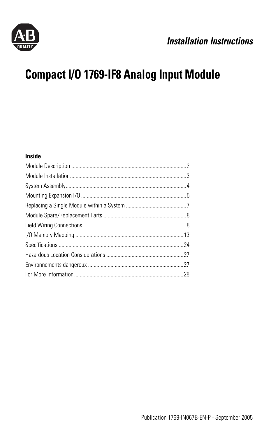 Rockwell Automation 1769-IF8 Compact 1769-IF8 Analog Input Module User Manual | 32 pages