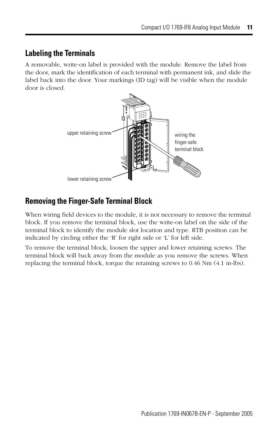 Labeling the terminals, Removing the finger-safe terminal block | Rockwell Automation 1769-IF8 Compact 1769-IF8 Analog Input Module User Manual | Page 11 / 32