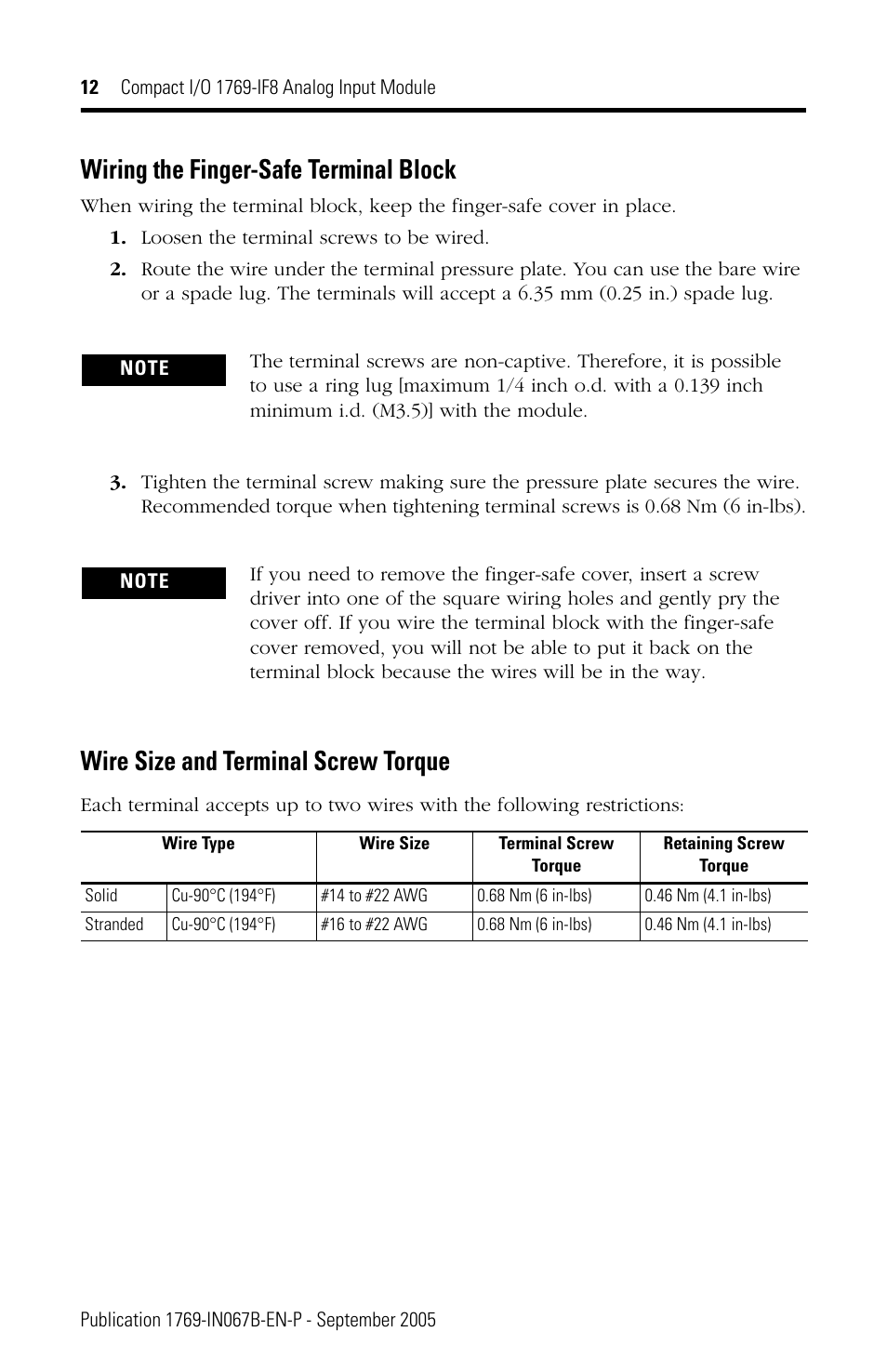 Wiring the finger-safe terminal block, Wire size and terminal screw torque | Rockwell Automation 1769-IF8 Compact 1769-IF8 Analog Input Module User Manual | Page 12 / 32