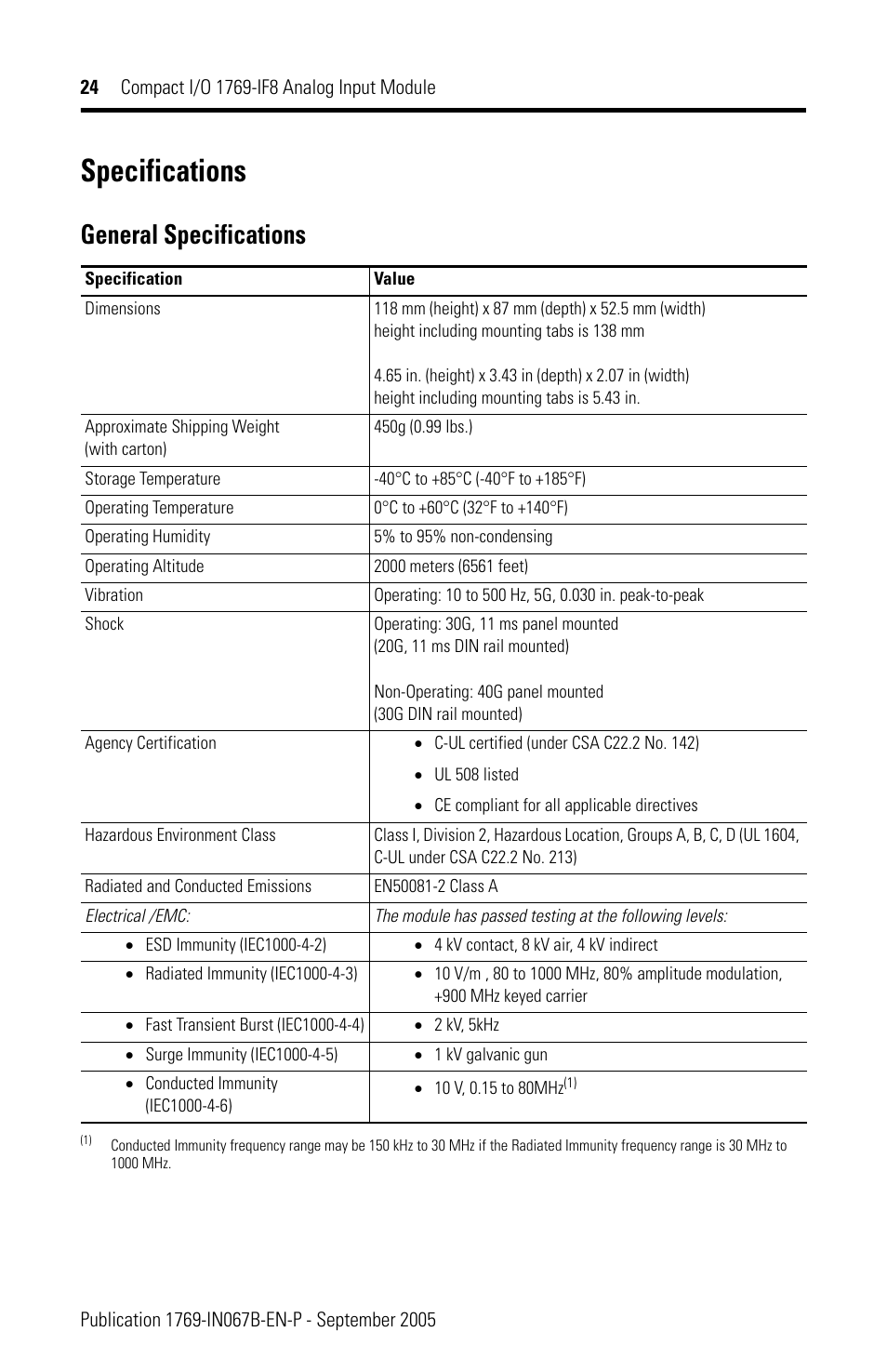 Specifications, General specifications | Rockwell Automation 1769-IF8 Compact 1769-IF8 Analog Input Module User Manual | Page 24 / 32