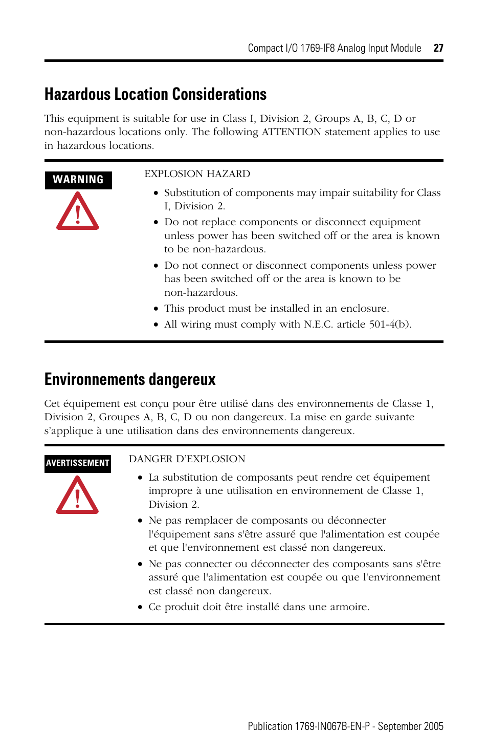 Hazardous location considerations, Environnements dangereux | Rockwell Automation 1769-IF8 Compact 1769-IF8 Analog Input Module User Manual | Page 27 / 32