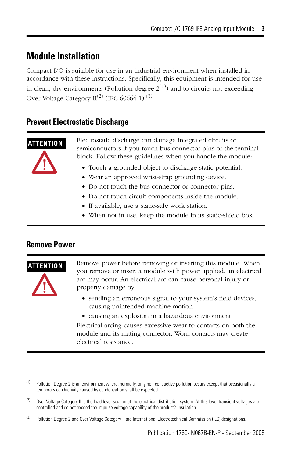 Module installation, Prevent electrostatic discharge remove power | Rockwell Automation 1769-IF8 Compact 1769-IF8 Analog Input Module User Manual | Page 3 / 32