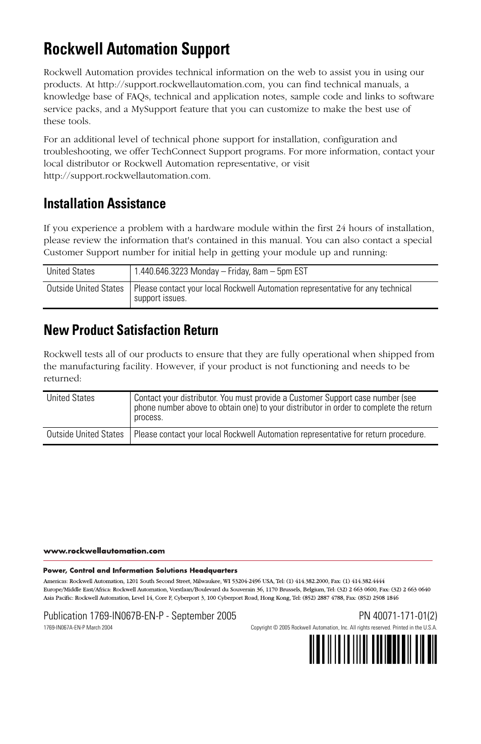 Back cover, H'+g!¶2j, Rockwell automation support | Installation assistance, New product satisfaction return | Rockwell Automation 1769-IF8 Compact 1769-IF8 Analog Input Module User Manual | Page 32 / 32