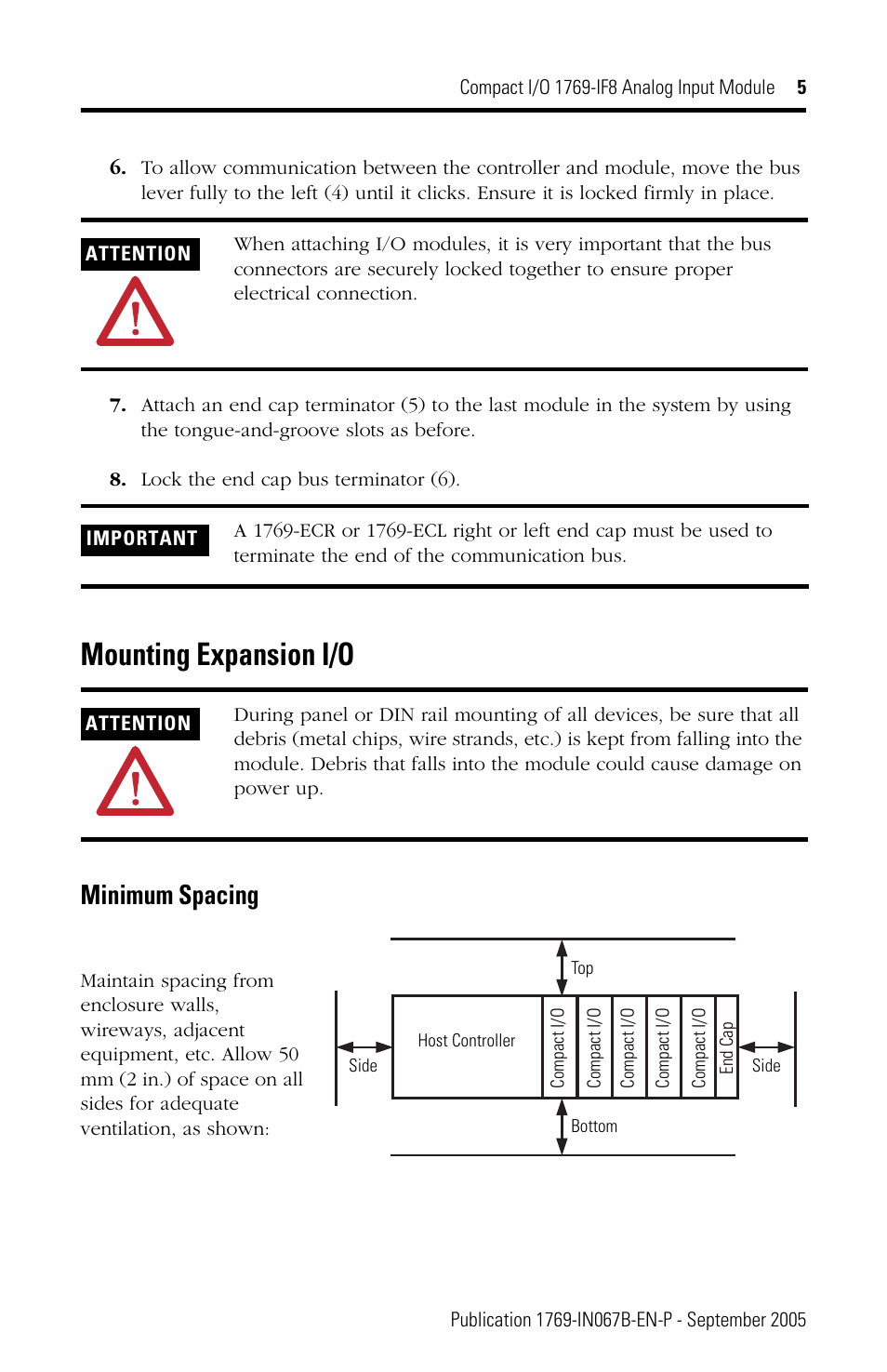 Mounting expansion i/o, Minimum spacing | Rockwell Automation 1769-IF8 Compact 1769-IF8 Analog Input Module User Manual | Page 5 / 32