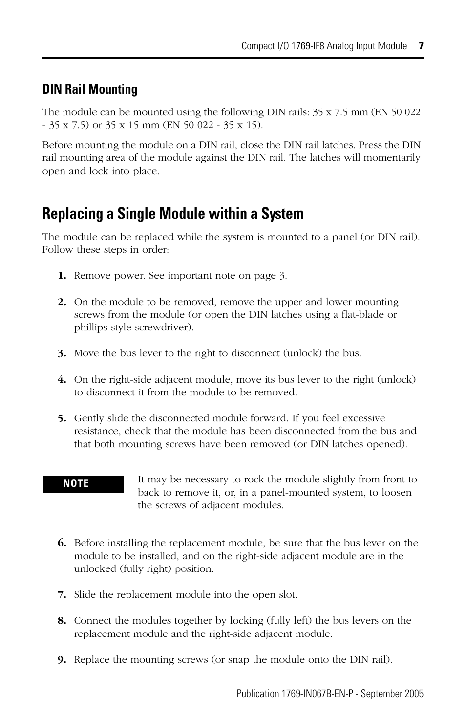 Replacing a single module within a system, Din rail mounting | Rockwell Automation 1769-IF8 Compact 1769-IF8 Analog Input Module User Manual | Page 7 / 32